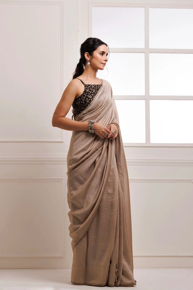 Taupe Solid Silk Textured Saree With Stitched Embroidered Blouse