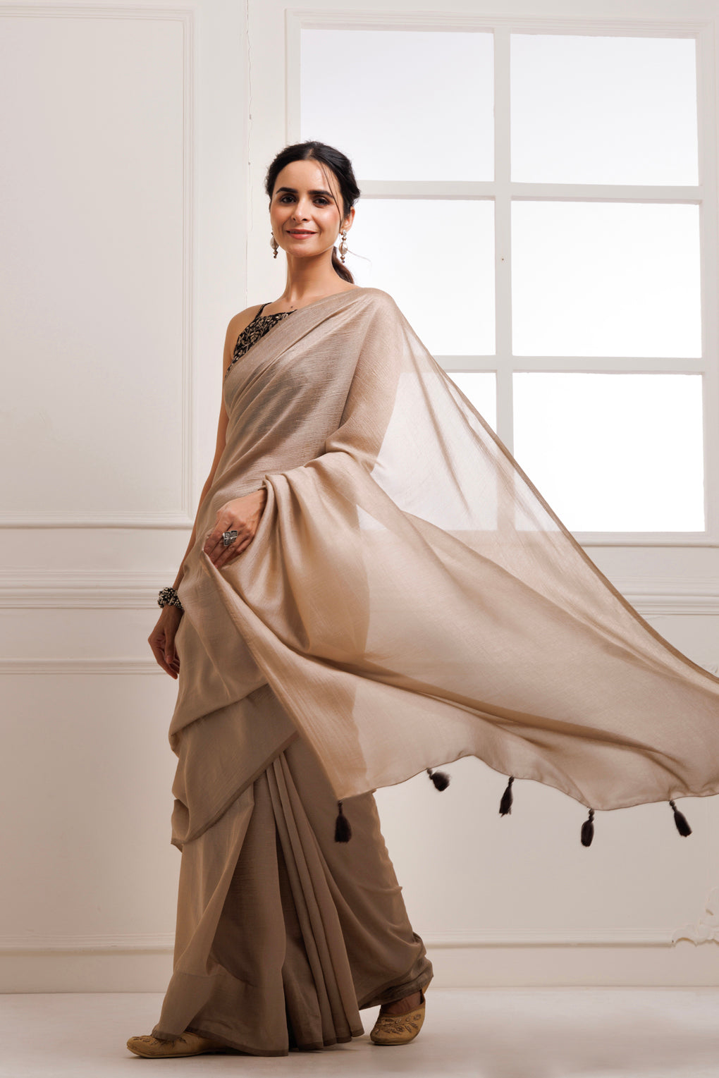 Taupe Solid Silk Textured Saree With Stitched Embroidered Blouse
