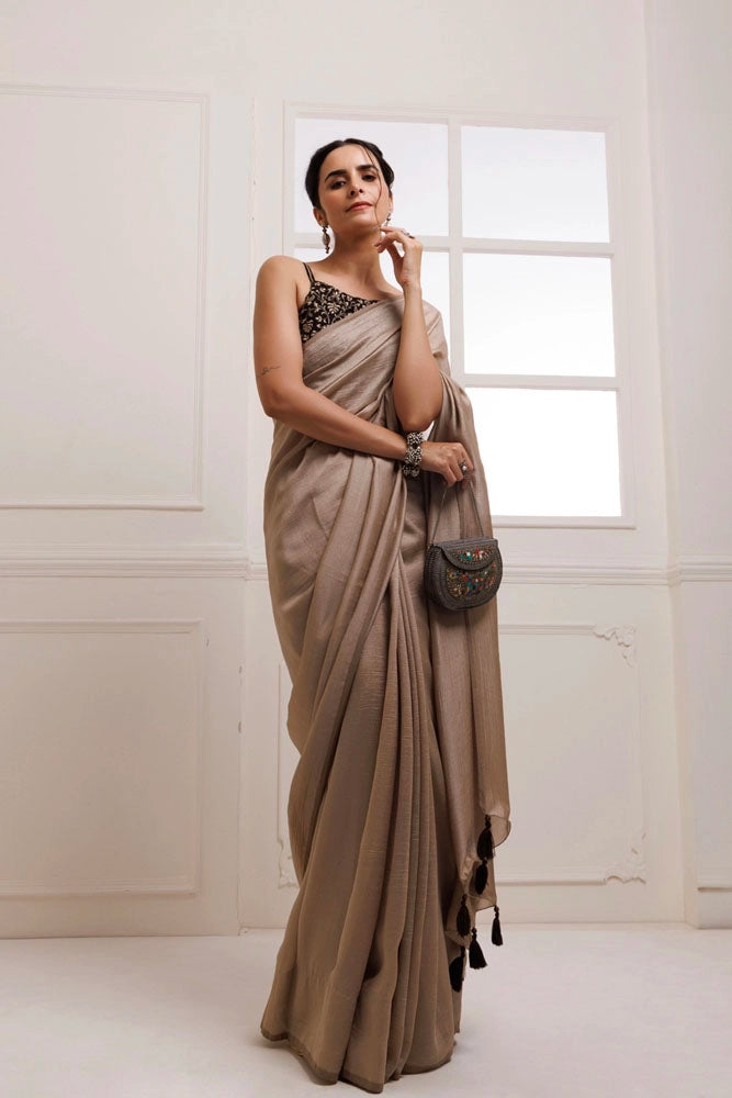 Taupe Solid Silk Textured Saree With Stitched Embroidered Blouse
