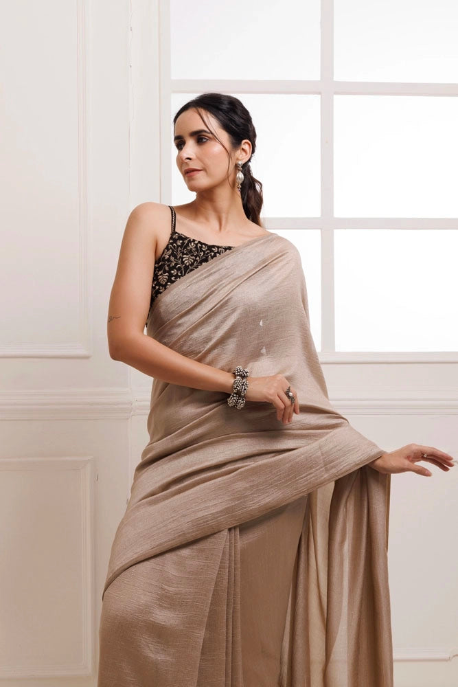 Taupe Solid Silk Textured Saree With Stitched Embroidered Blouse