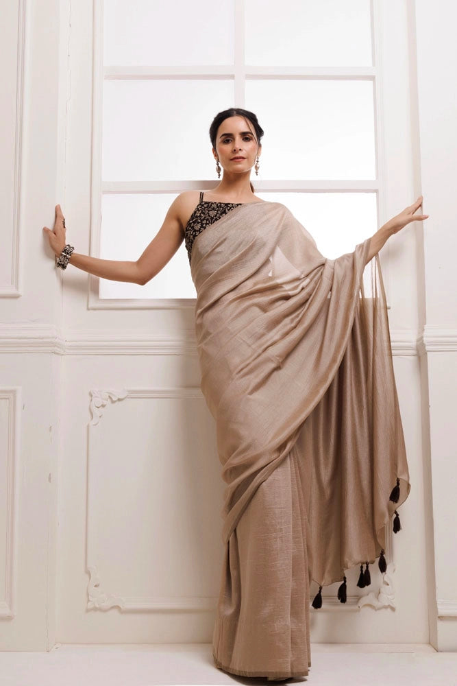 Taupe Solid Silk Textured Saree With Stitched Embroidered Blouse