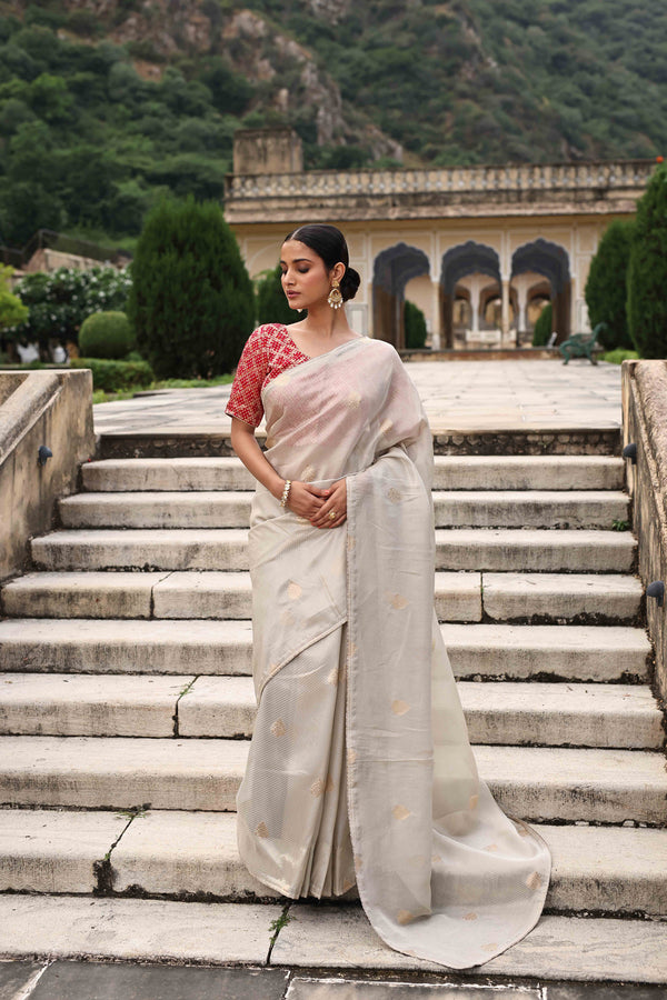 Grey Embellished Tissue Saree