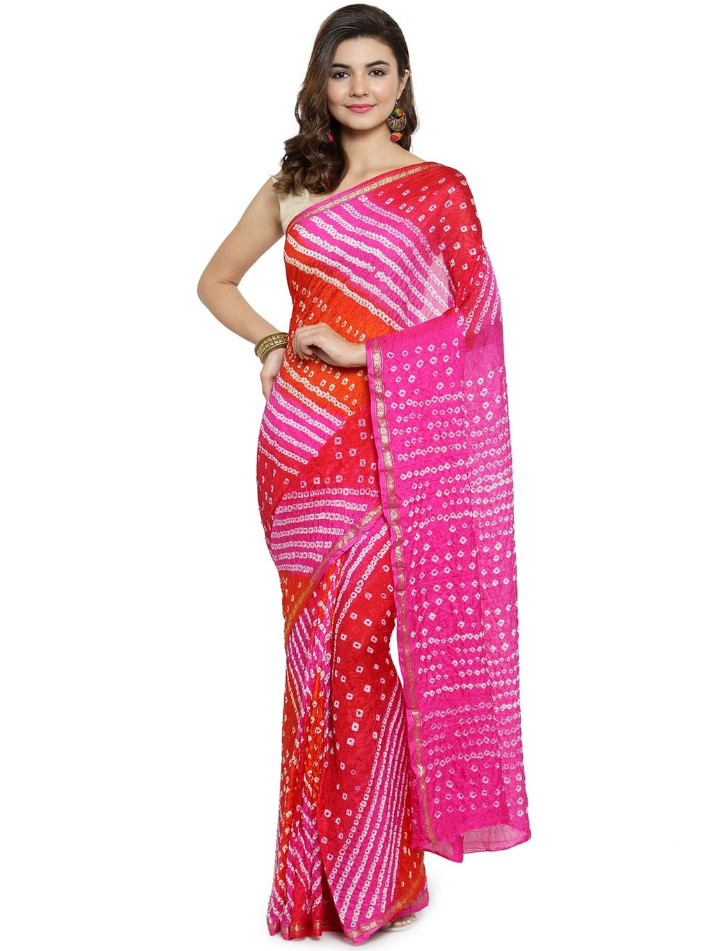Pink & Red Art Silk Dyed Bandhani Sustainable Saree