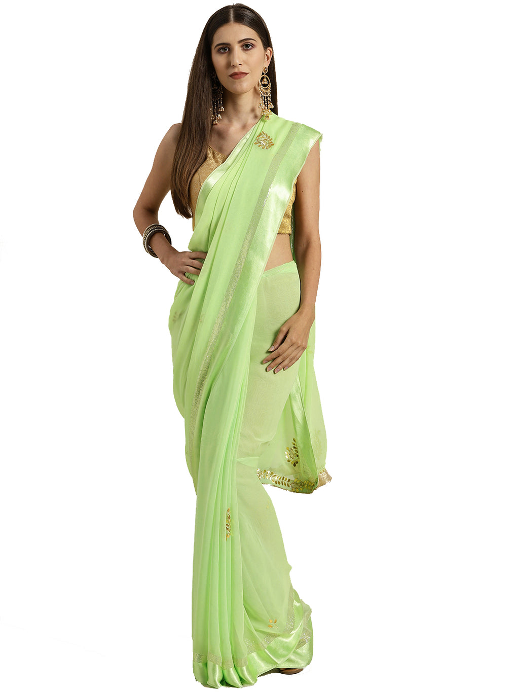 Green Stone & Gota Patti Work Zari Border Chiffon Saree