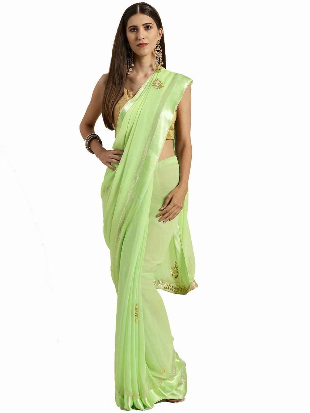 Green Stone & Gota Patti Work Zari Border Chiffon Saree