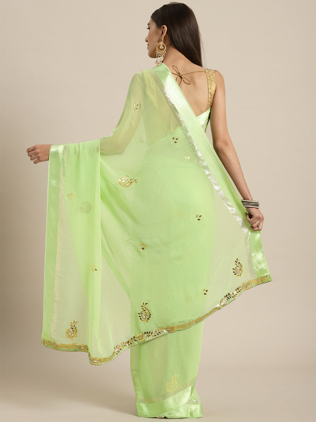 Green Stone & Gota Patti Work Zari Border Chiffon Saree