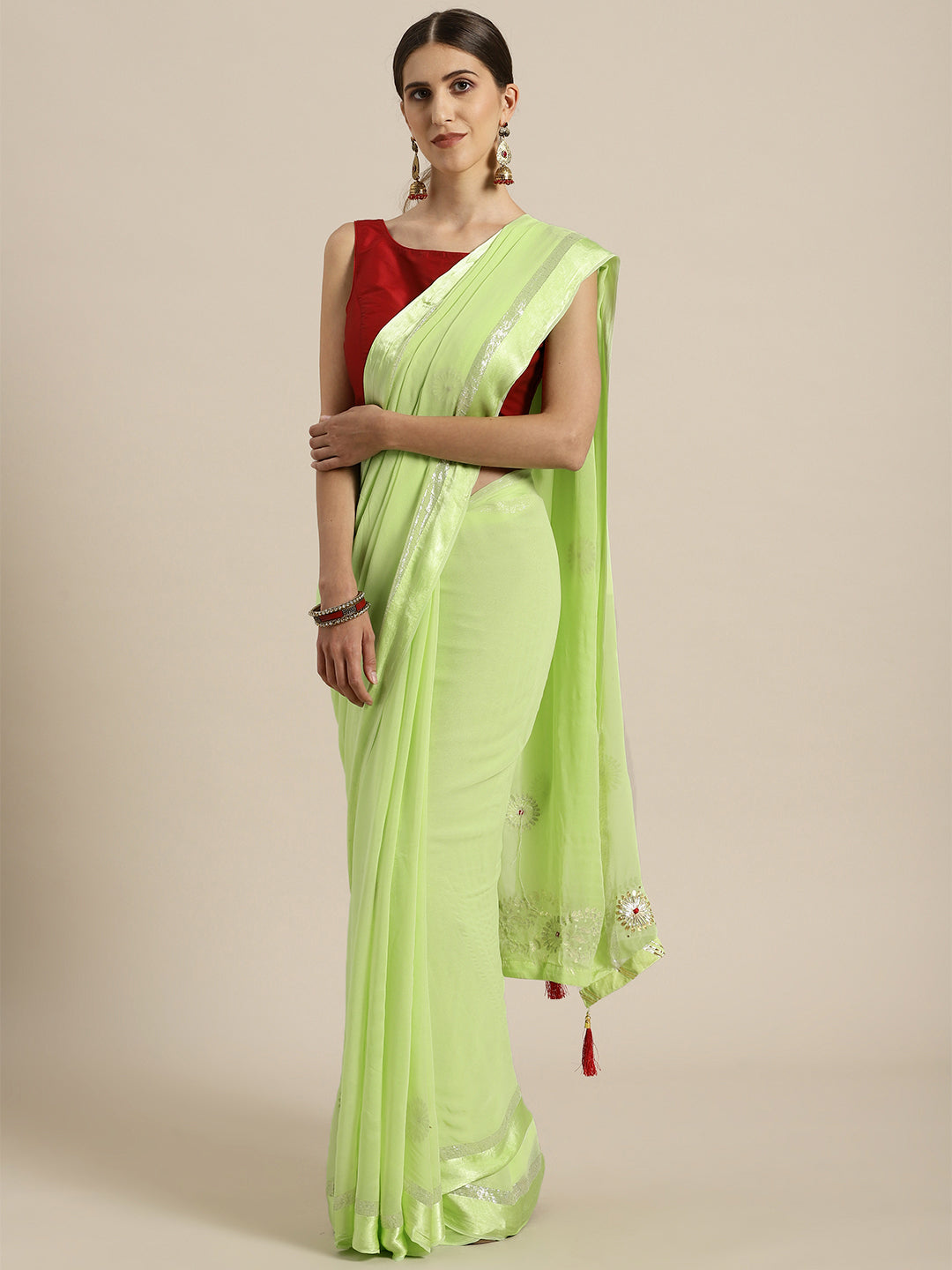 Lime Green Gota Patti Work Zari Border Georgette Saree