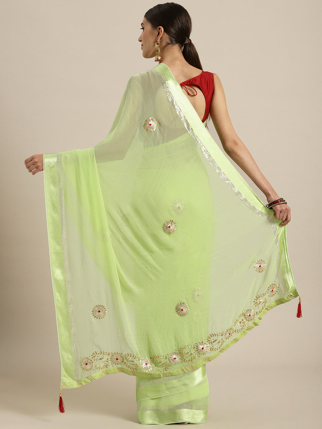 Lime Green Gota Patti Work Zari Border Georgette Saree