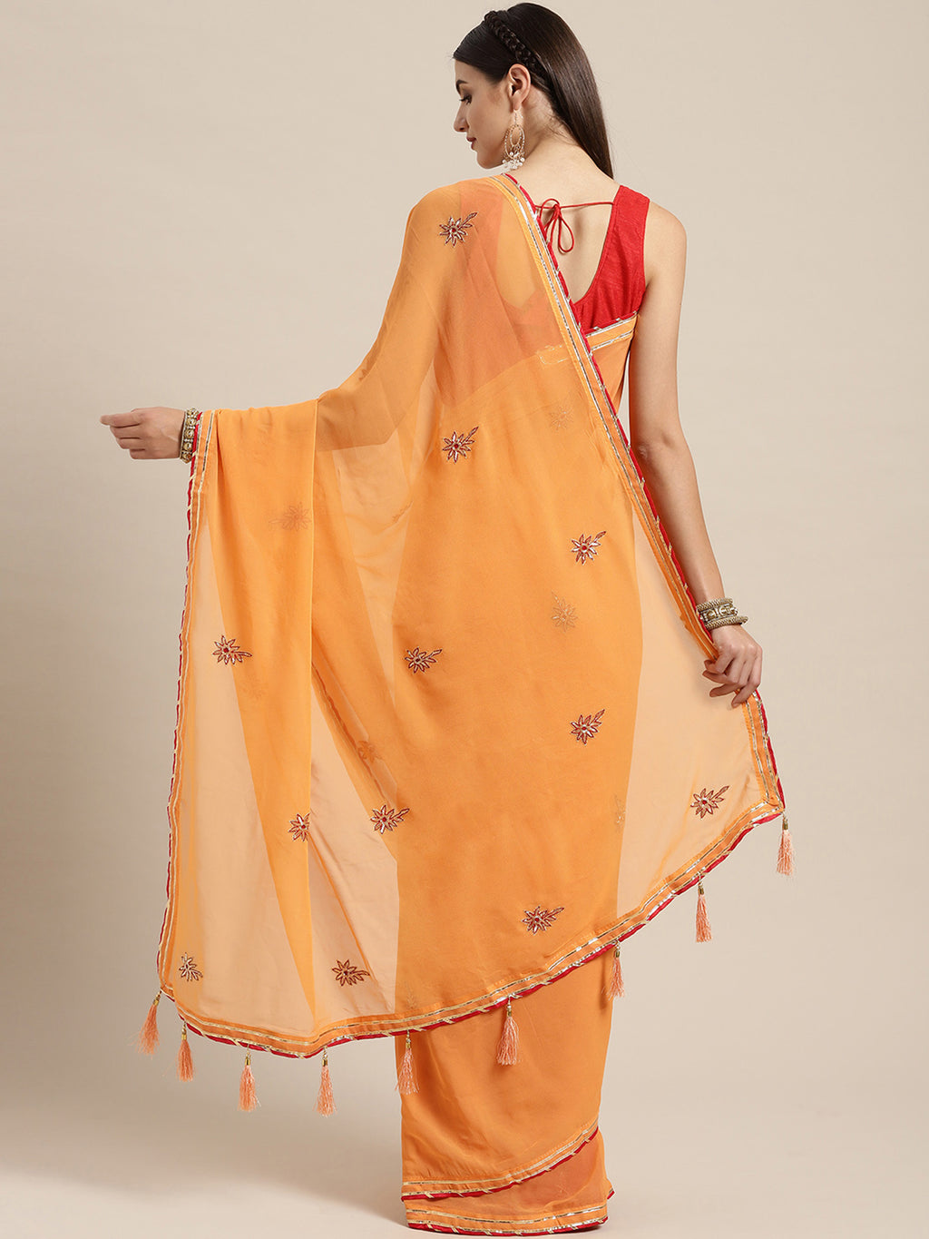 Orange Hand Embroidered Georgette Sustainable Saree