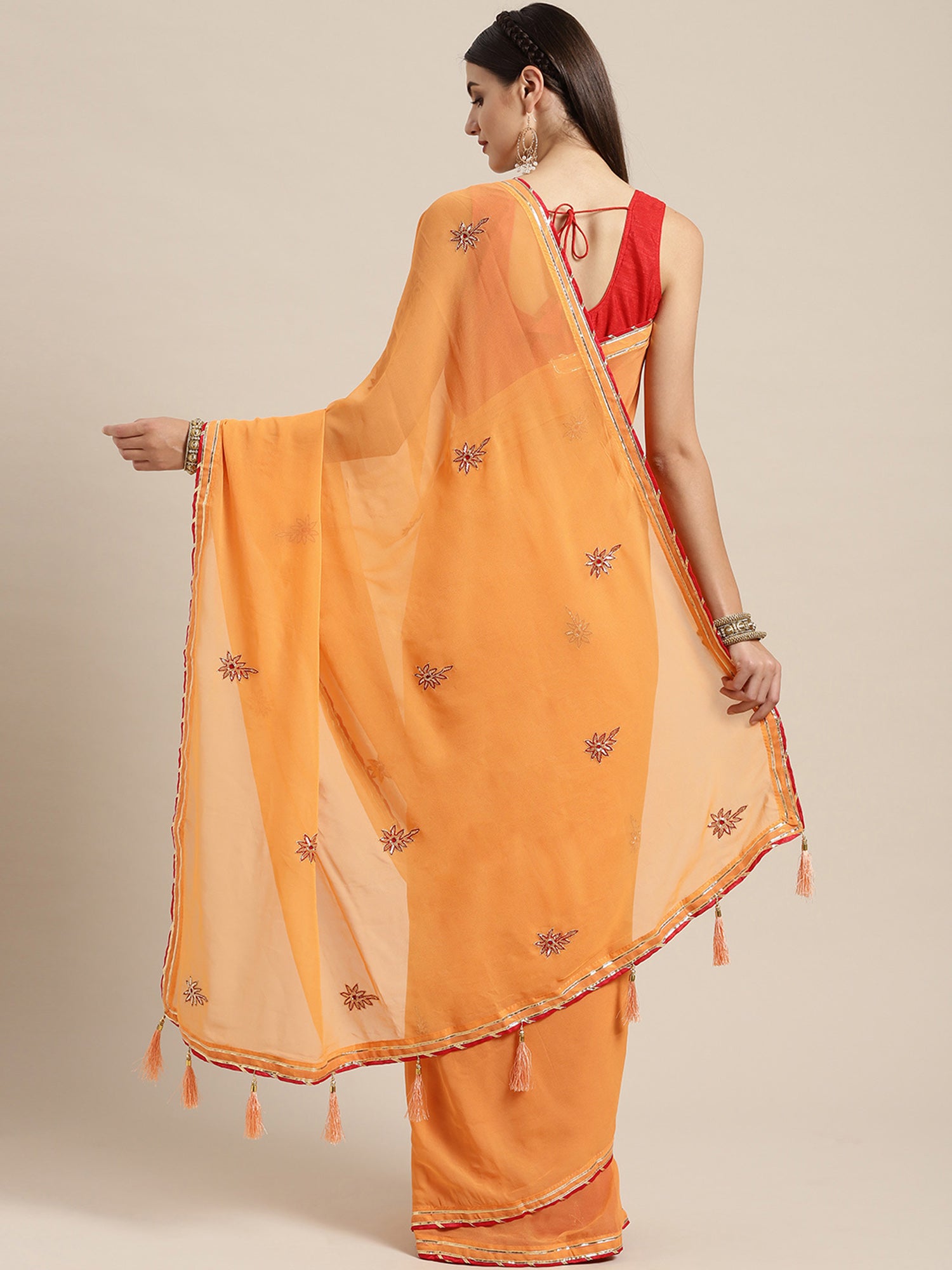 Orange Hand Embroidered Georgette Sustainable Saree