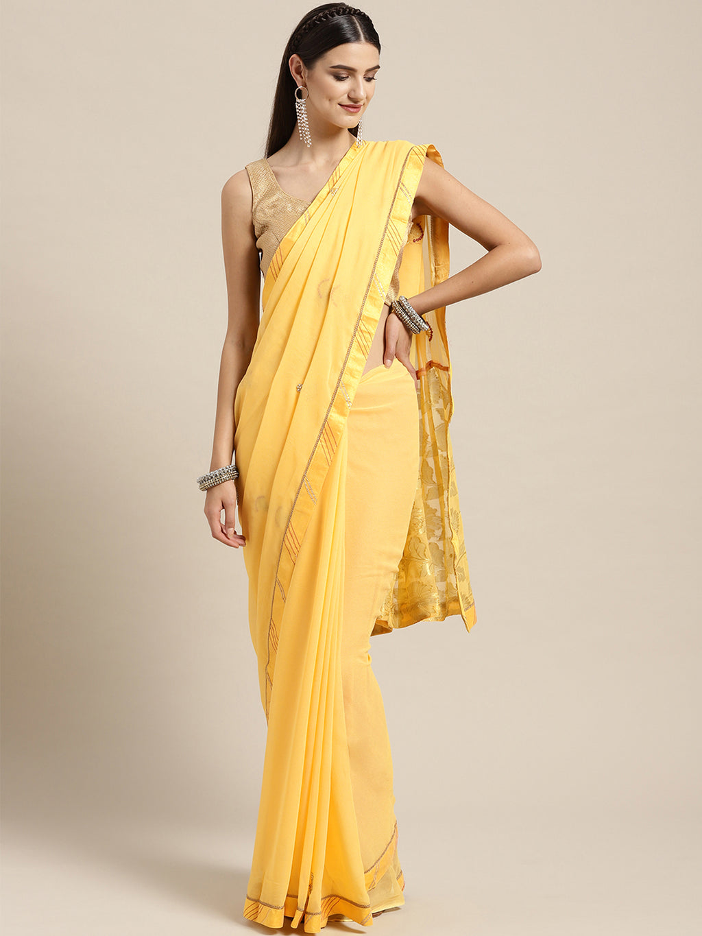 Yellow Beads & Stones Work Lace Georgette Saree