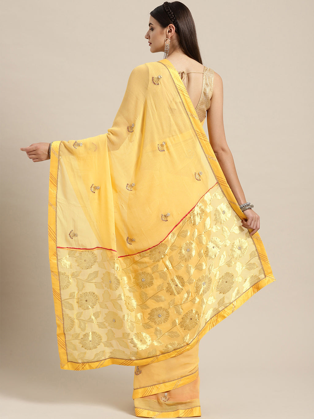 Yellow Beads & Stones Work Lace Georgette Saree