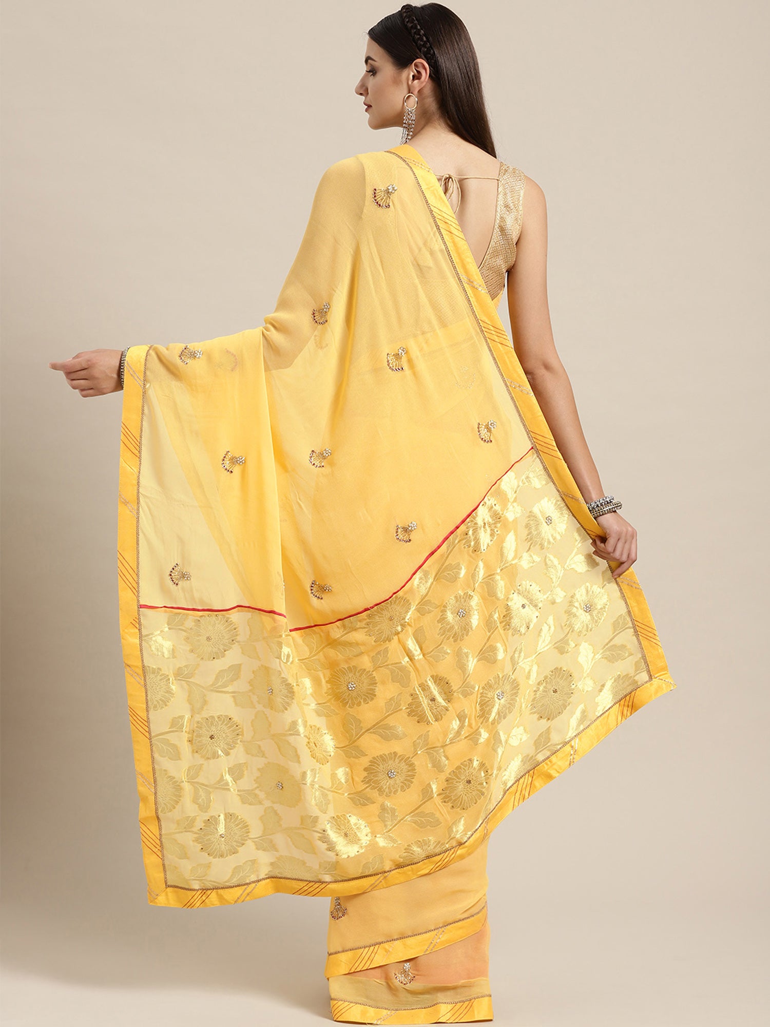 Yellow Beads & Stones Work Lace Georgette Saree