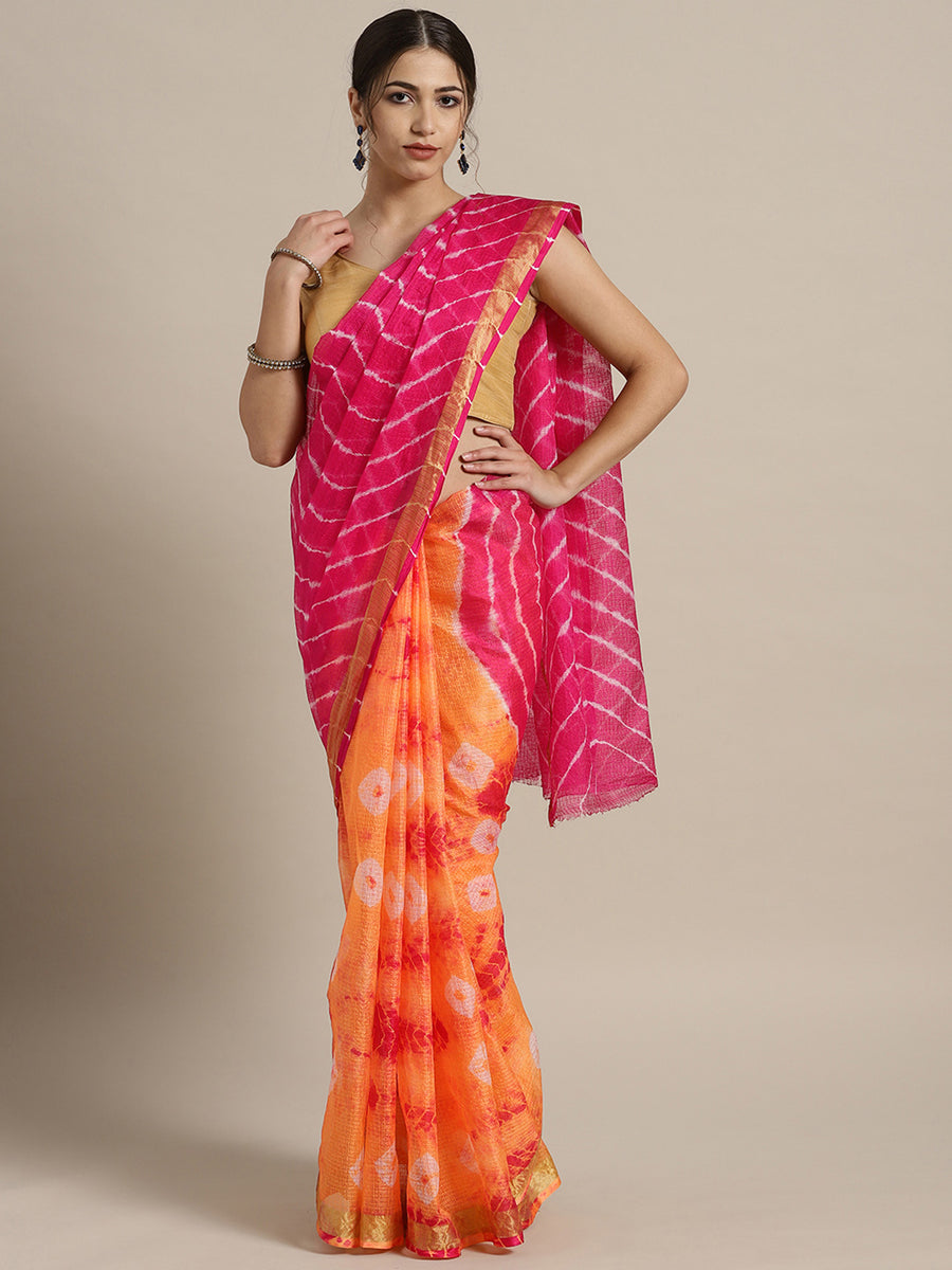 Orange Bandhani With Leheriya Kota Doria Silk Saree