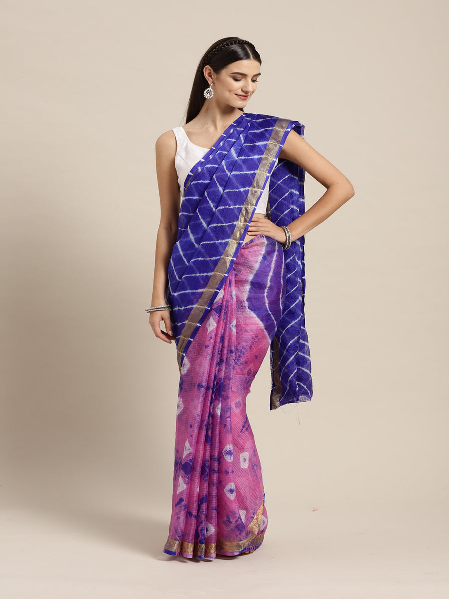 Pink Shaded Leheriya Printed Kota Doria Silk Saree