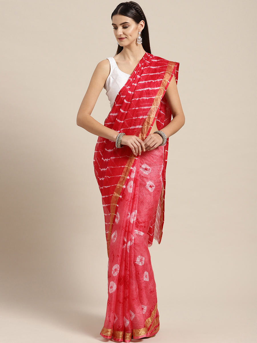 Red Shaded Hand Dyed Leheriya Printed Kota Doria Silk Saree