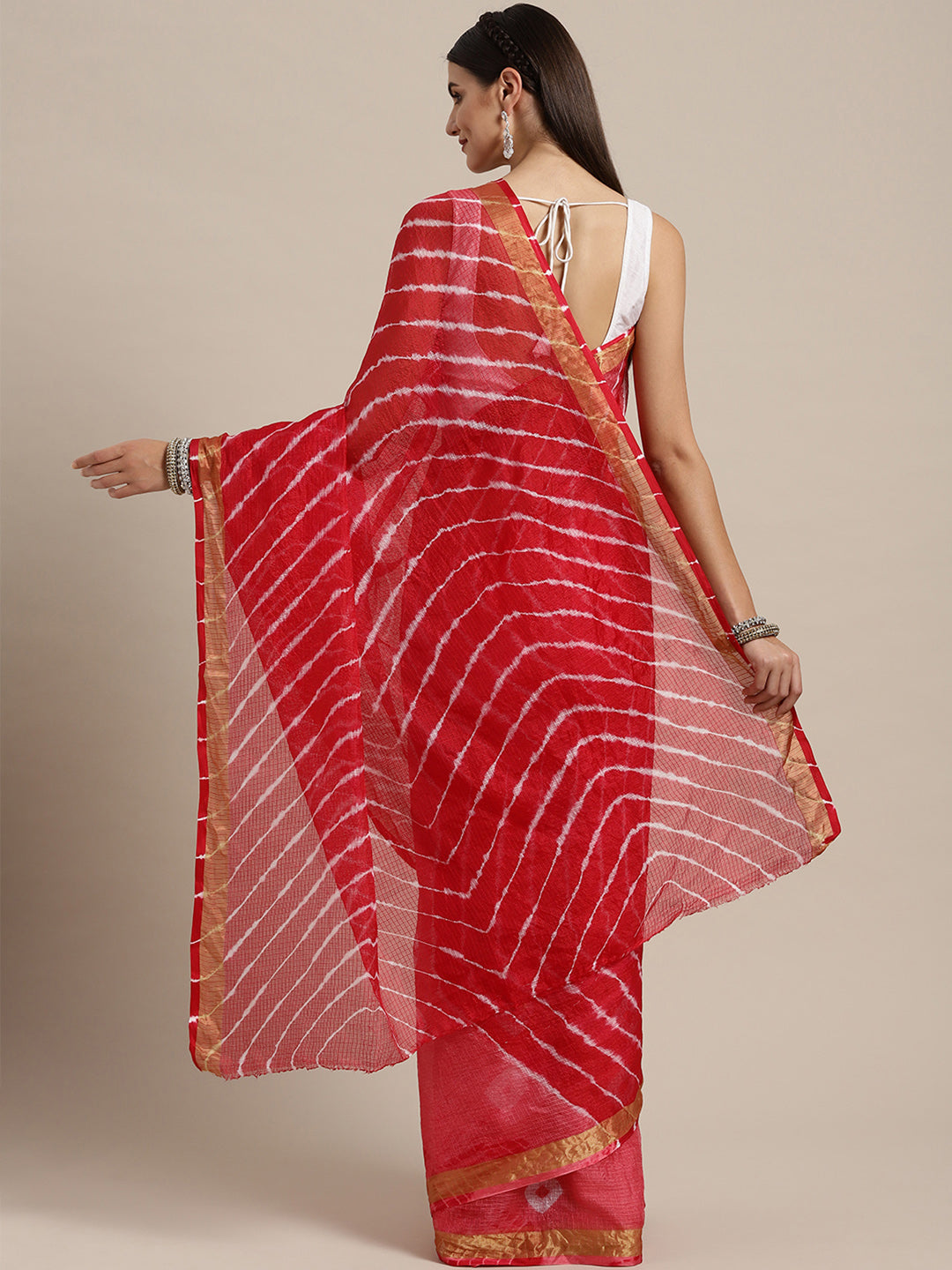 Red Shaded Hand Dyed Leheriya Printed Kota Doria Silk Saree