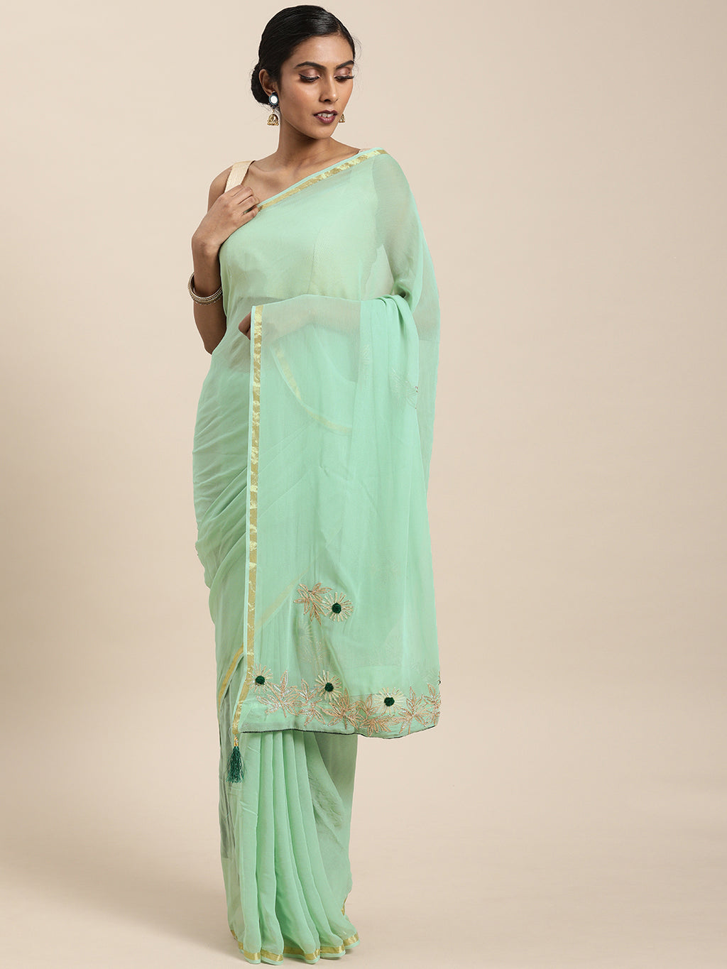 Green Gota Patti Work Zari Border Georgette Saree