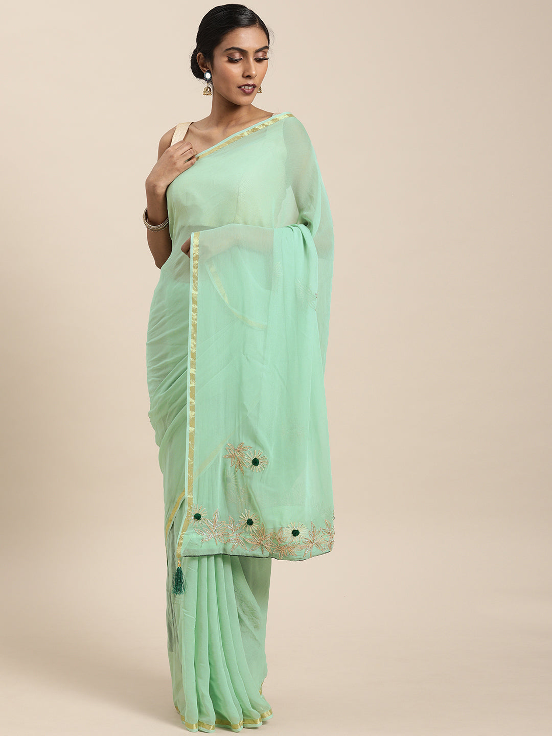 Green Gota Patti Work Zari Border Georgette Saree