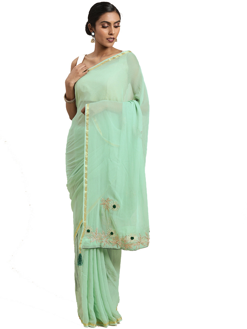 Green Gota Patti Work Zari Border Georgette Saree