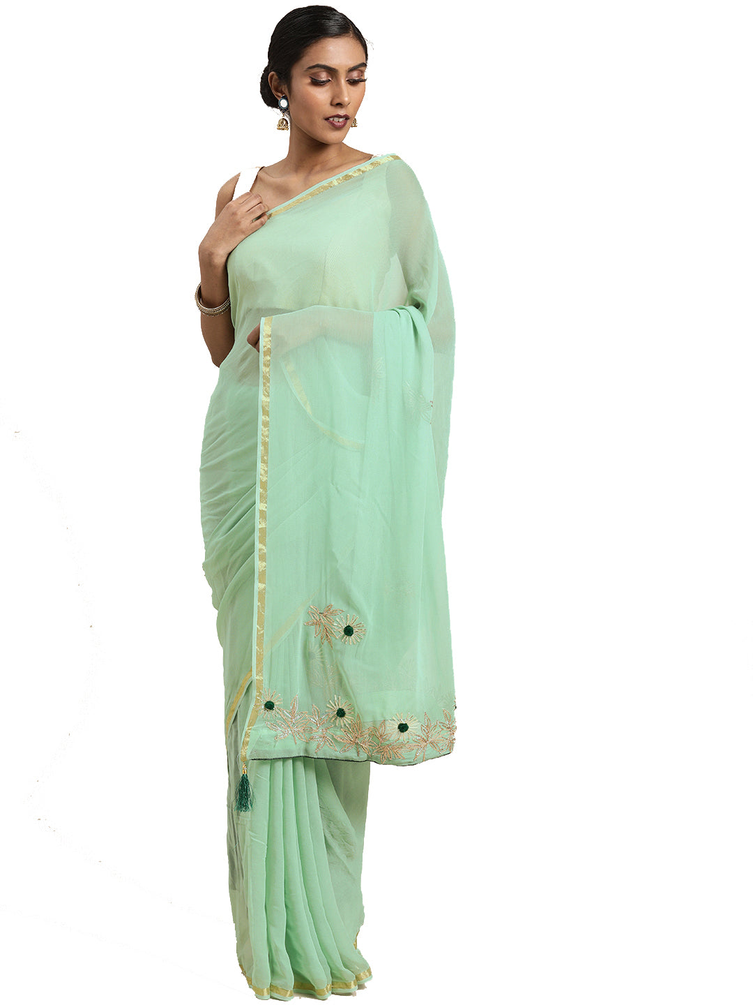 Green Gota Patti Work Zari Border Georgette Saree