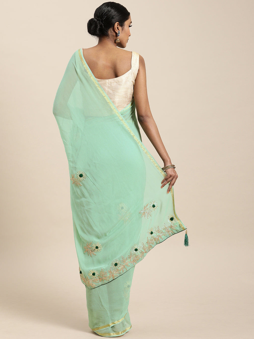 Green Gota Patti Work Zari Border Georgette Saree