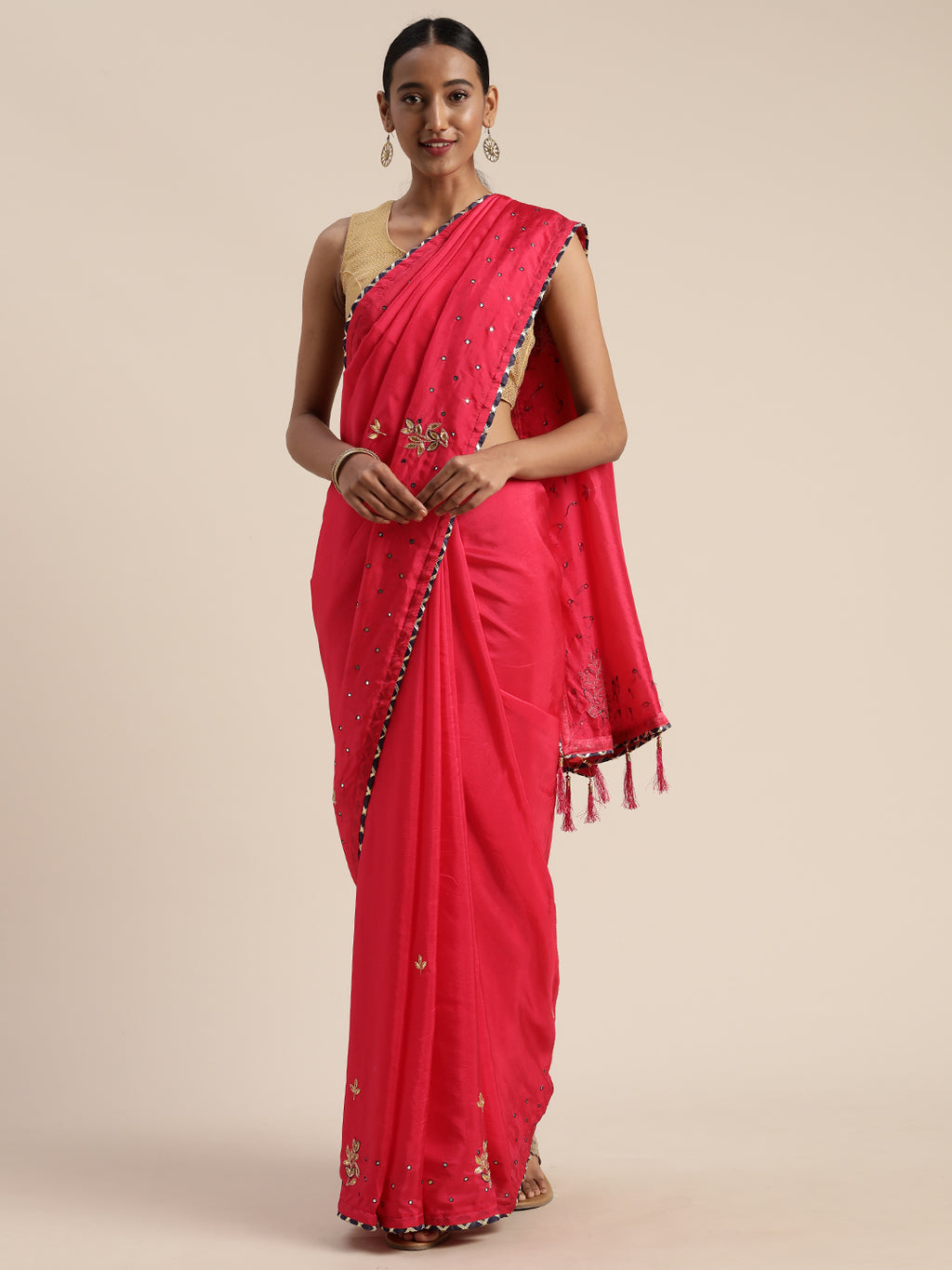 Pink Gota Patti Miror Work Art Silk Saree