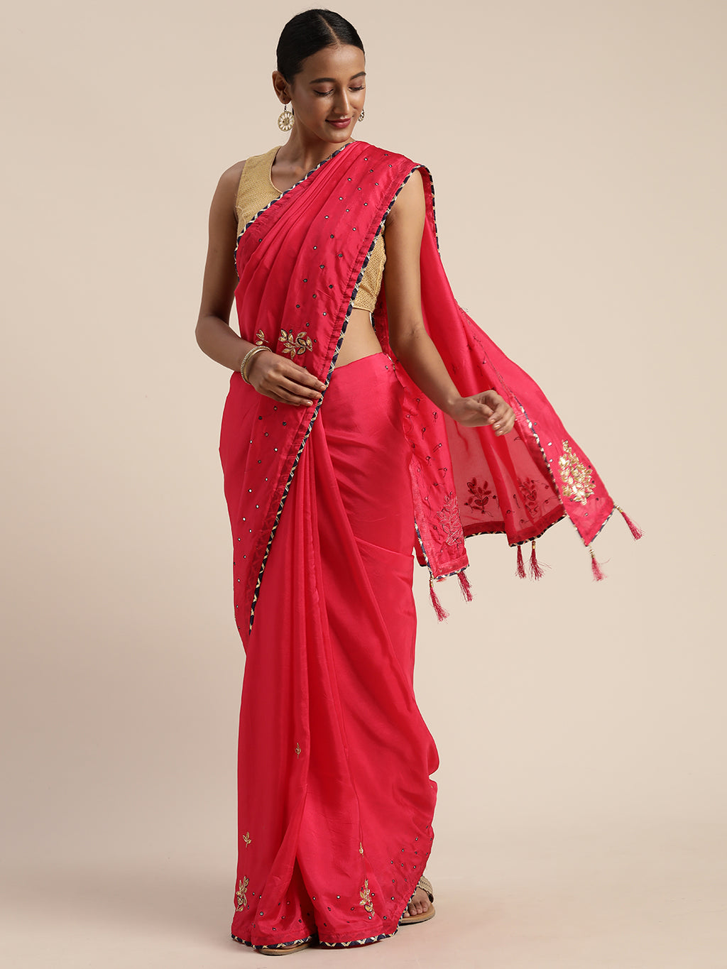 Pink Gota Patti Miror Work Art Silk Saree