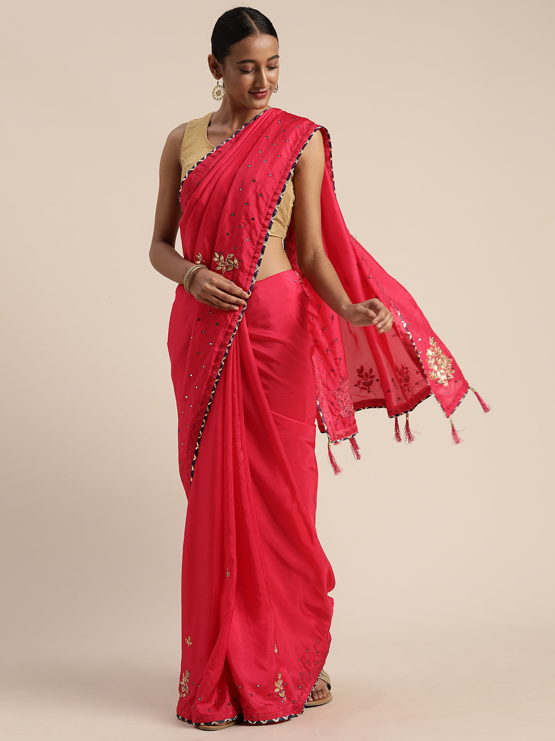 Pink Gota Patti Miror Work Art Silk Saree