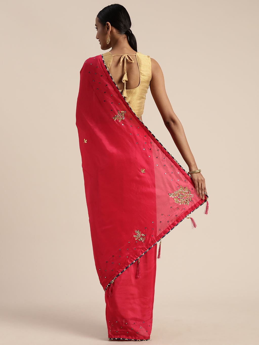 Pink Gota Patti Miror Work Art Silk Saree