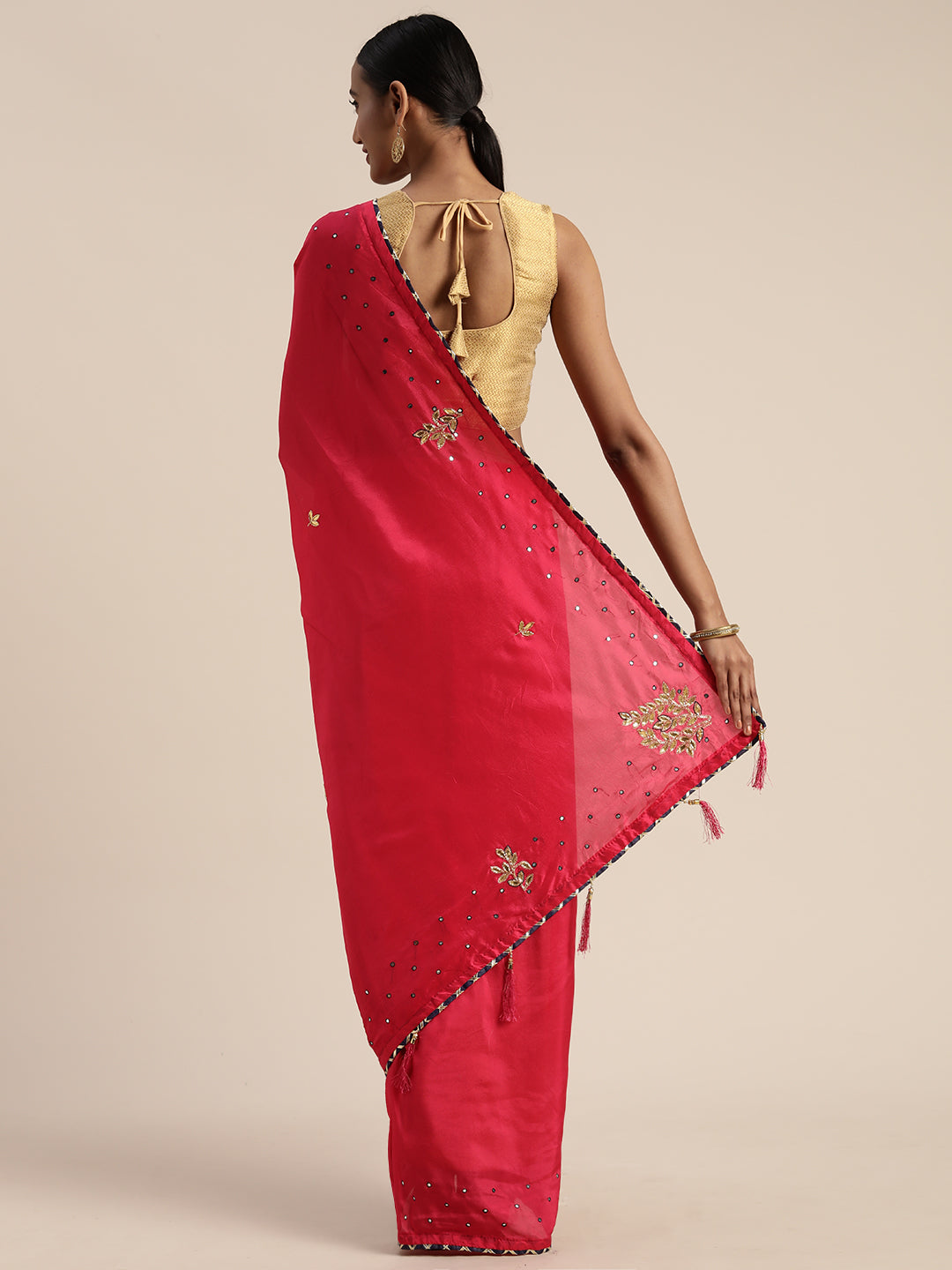 Pink Gota Patti Miror Work Art Silk Saree