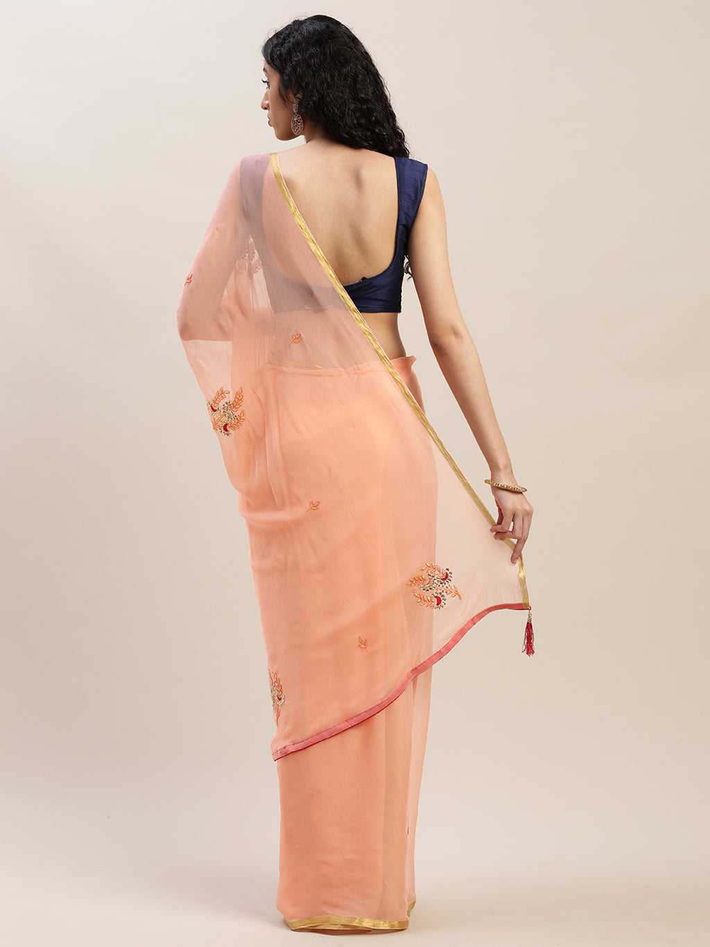 Peach Hand Embroidery Gota Patti Work Chiffon Saree
