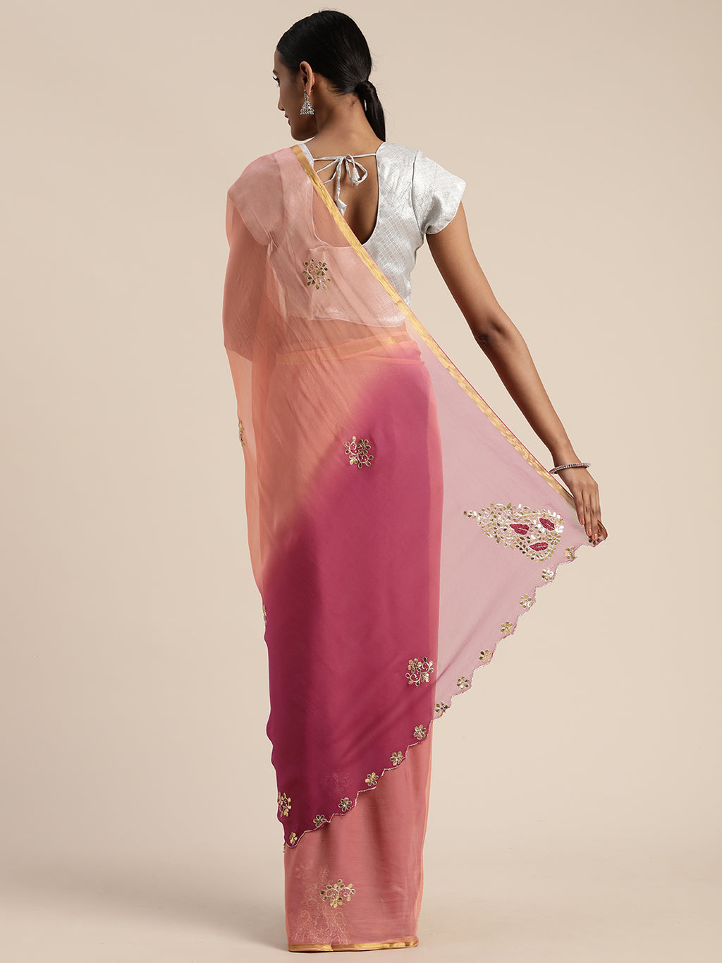 Peach Shaded Hand Embroidery Gota Patti Work Chiffon Saree