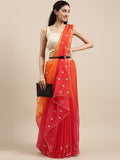 Orange & Red Shaded Handcrafted Organza Saree