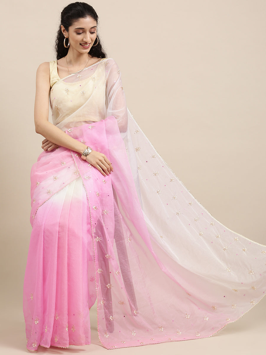 Pink And Off White Shaded Handcrafted Organza Saree
