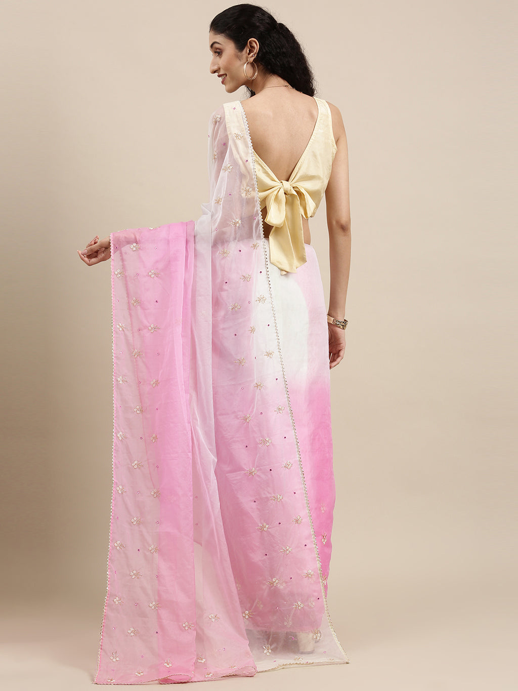 Pink And Off White Shaded Handcrafted Organza Saree
