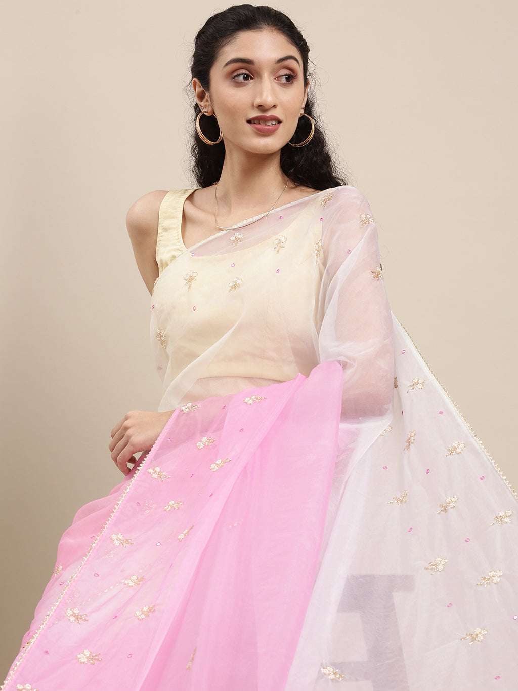 Pink And Off White Shaded Handcrafted Organza Saree