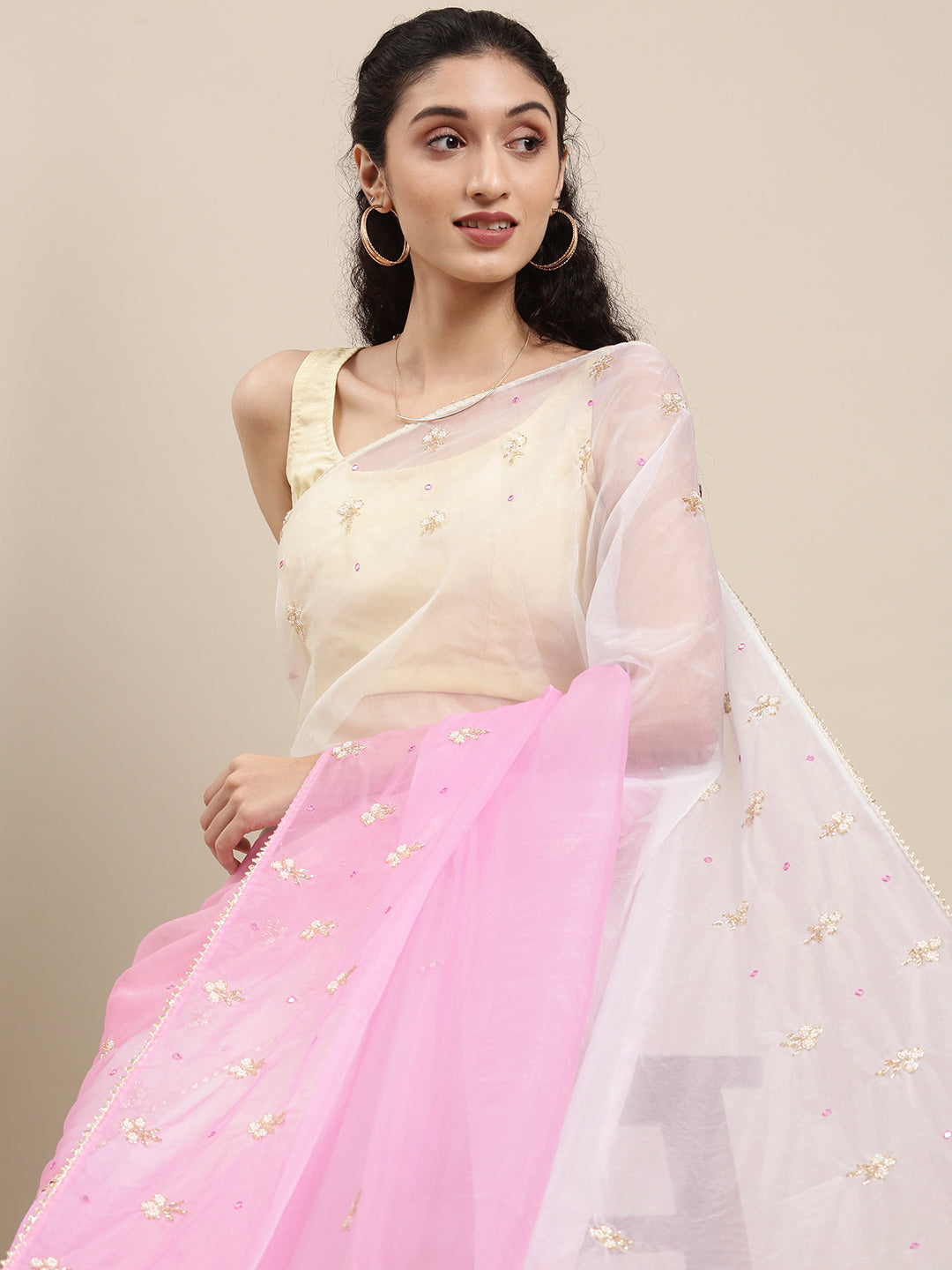 Pink And Off White Shaded Handcrafted Organza Saree