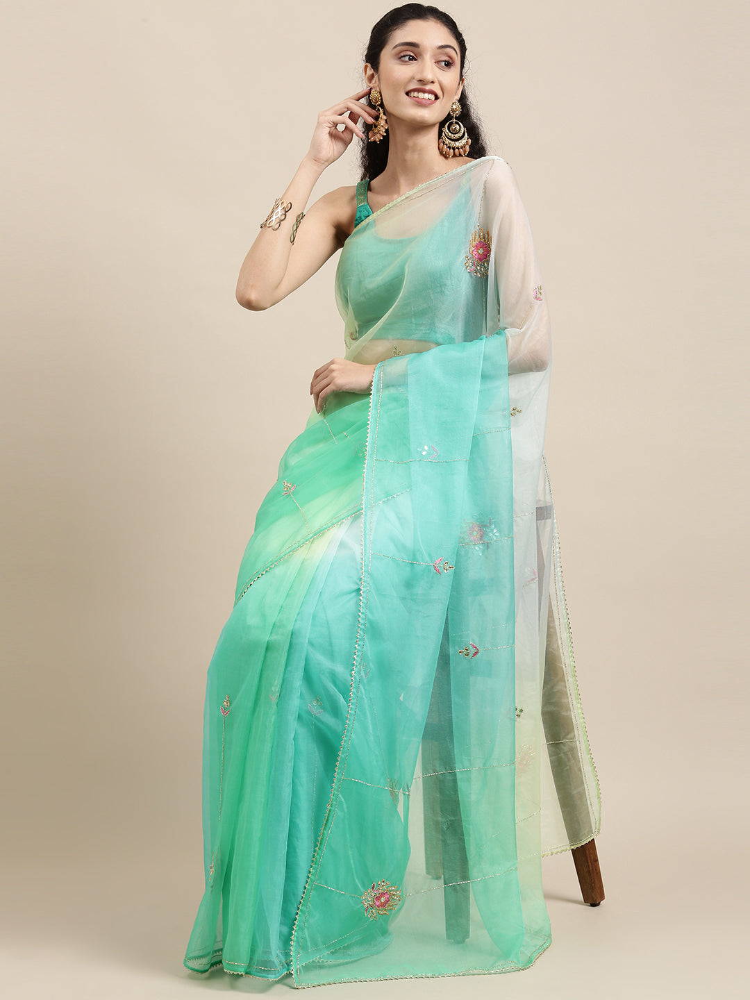 Sea Green Shaded Handcrafted Organza Saree
