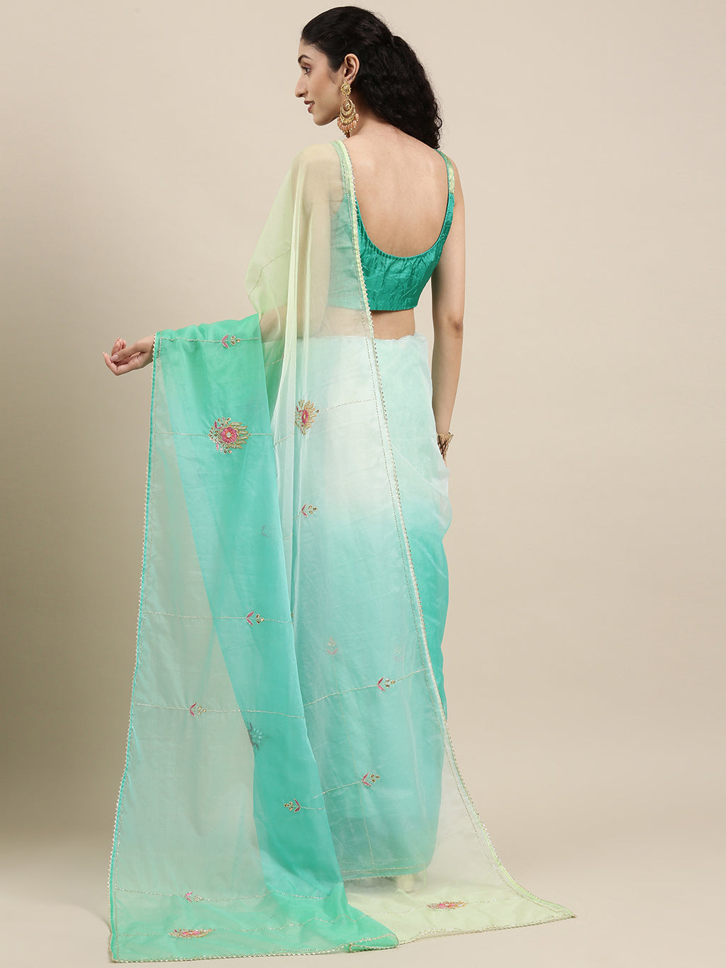 Sea Green Shaded Handcrafted Organza Saree