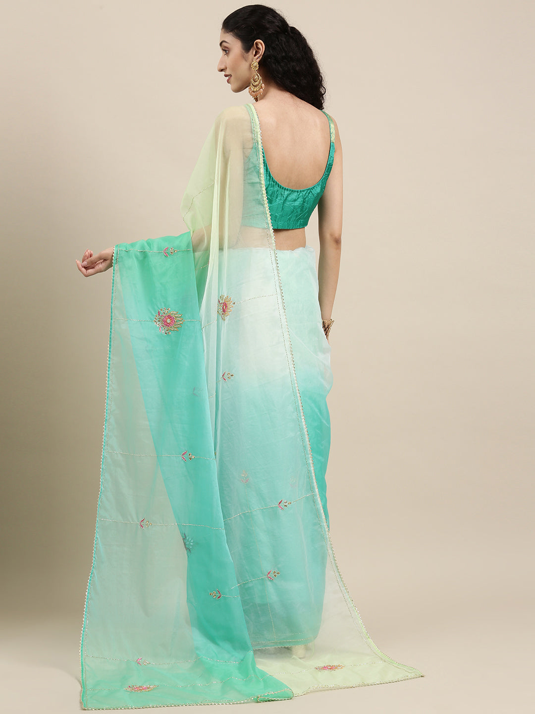 Sea Green Shaded Handcrafted Organza Saree