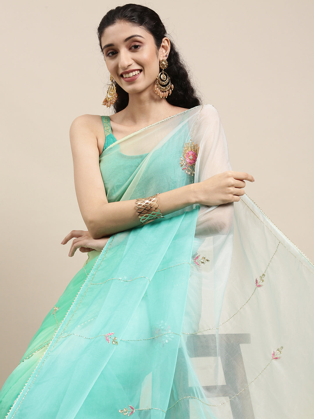 Sea Green Shaded Handcrafted Organza Saree