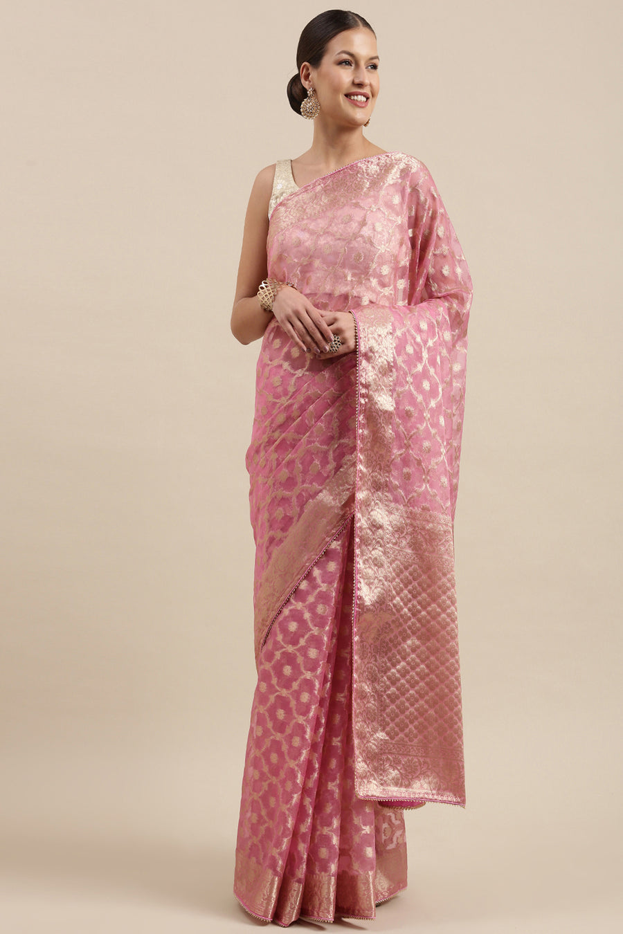 Pink Handcrafted Floral Zari Organza Banarasi Saree