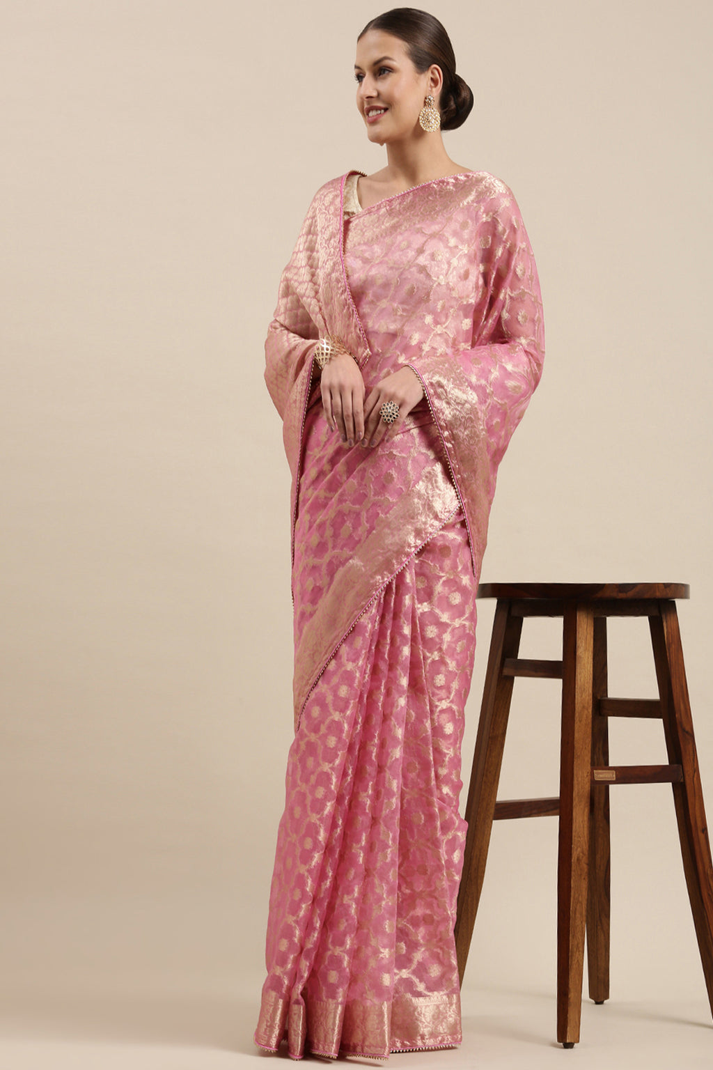 Pink Handcrafted Floral Zari Organza Banarasi Saree