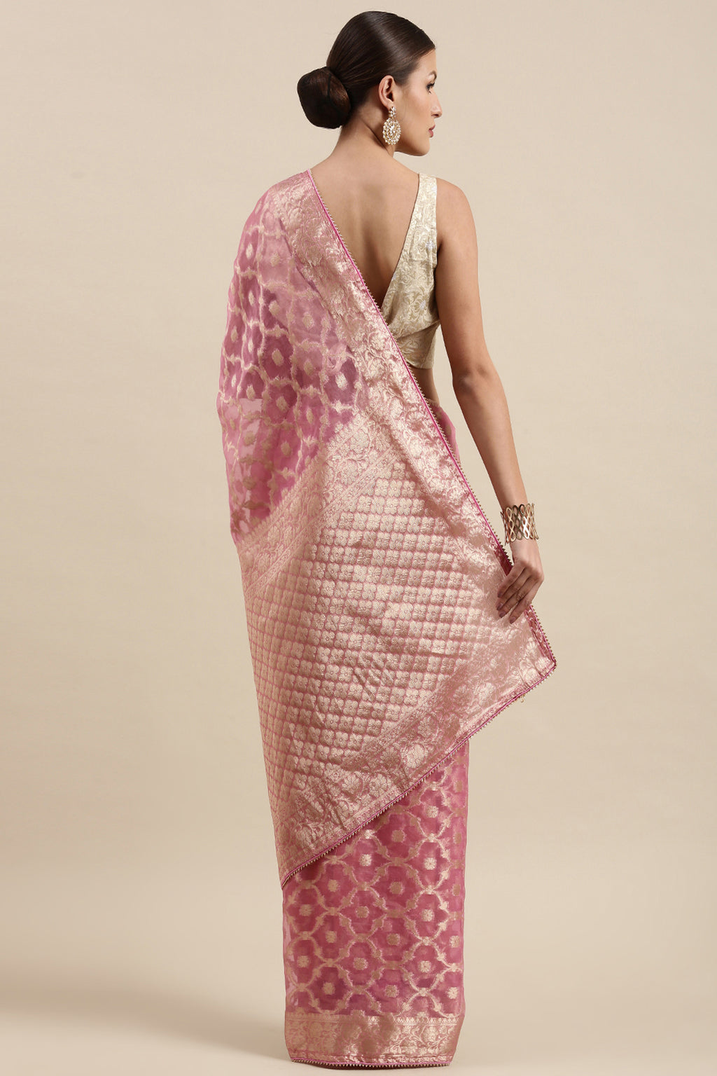 Pink Handcrafted Floral Zari Organza Banarasi Saree