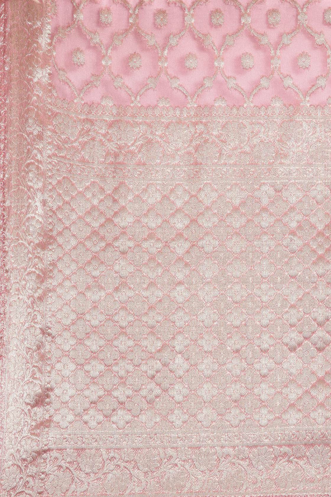 Pink Handcrafted Floral Zari Organza Banarasi Saree