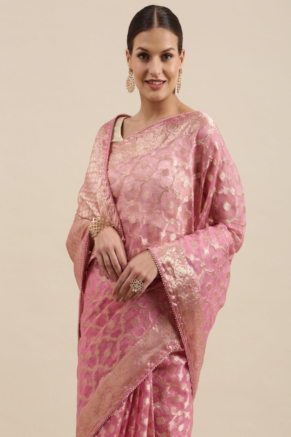 Pink Handcrafted Floral Zari Organza Banarasi Saree