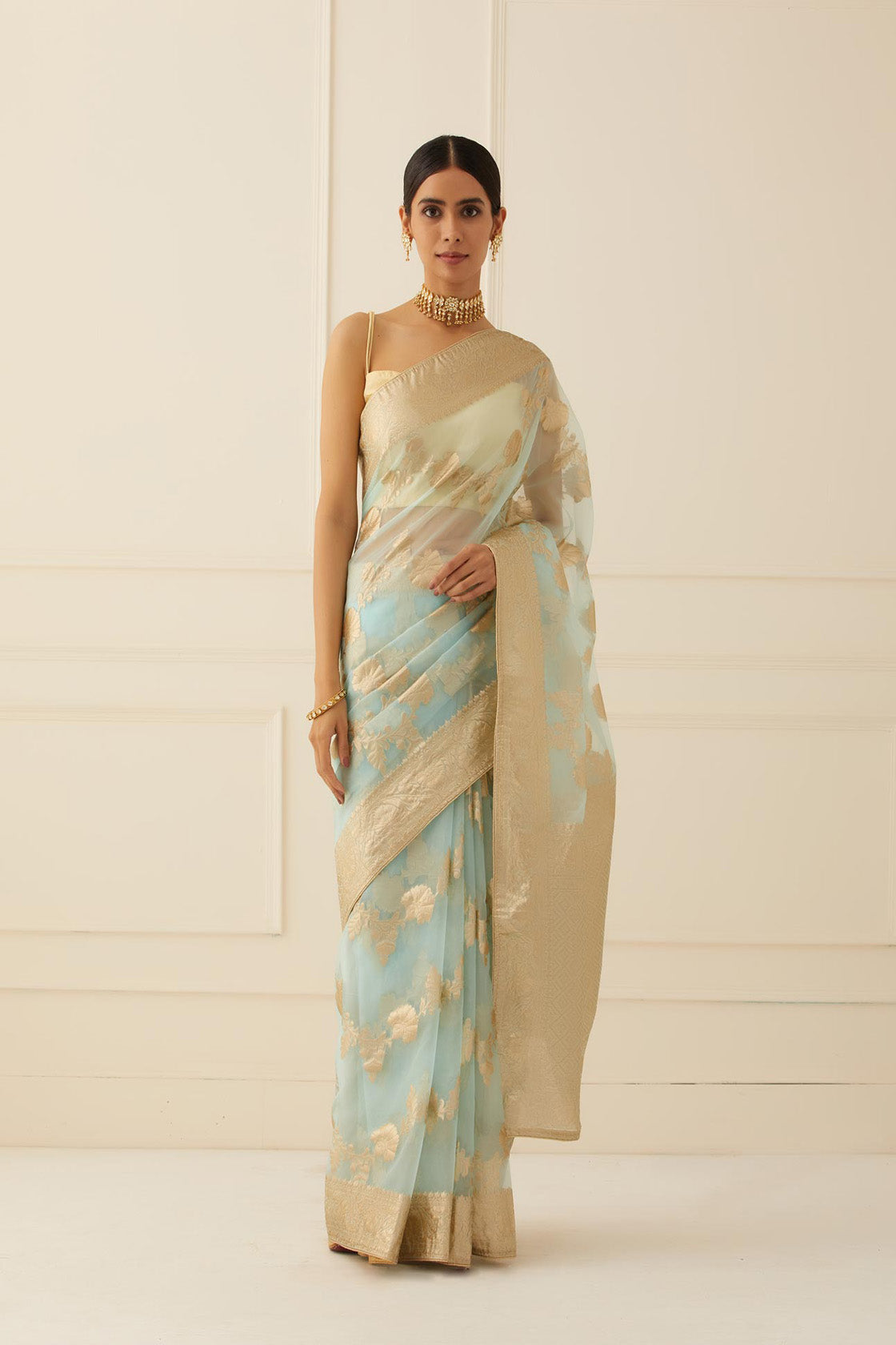 Blue Floral Zari Work Organza Saree