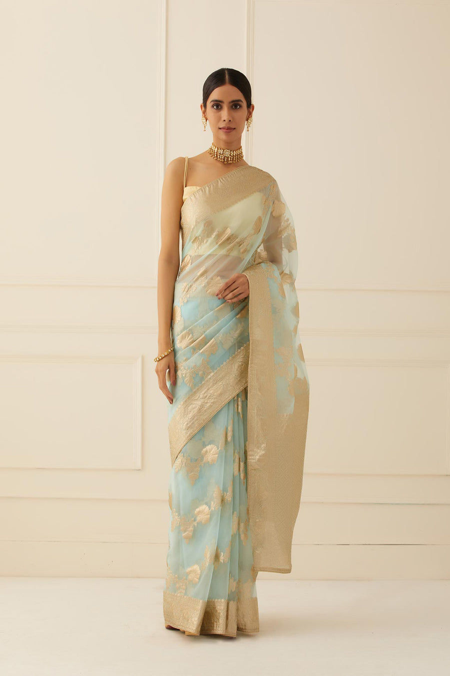 Blue Floral Zari Work Organza Saree