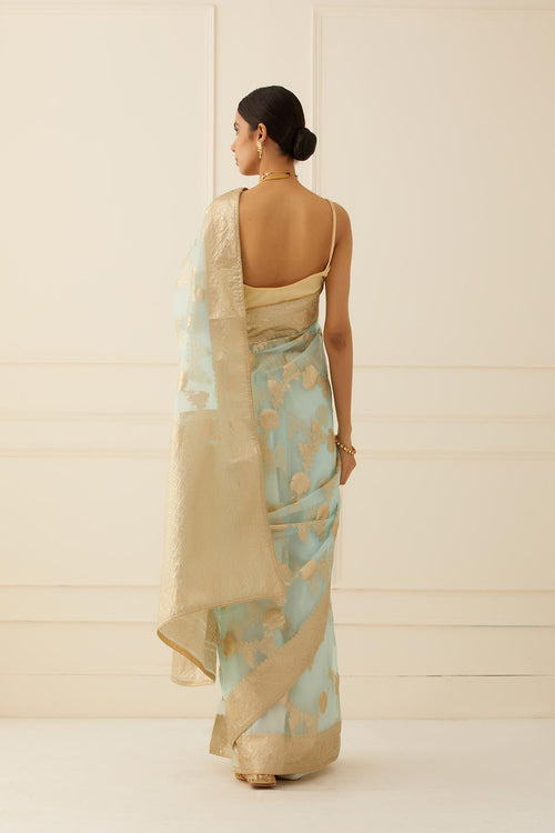 Blue Floral Zari Work Organza Saree